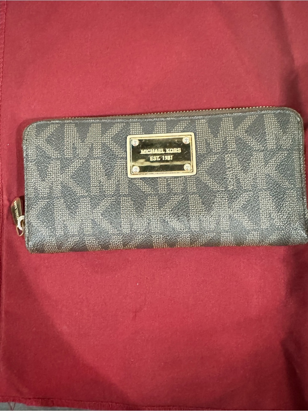 Michael Kors Brown Signature Zip Wallet with Gold Plaque